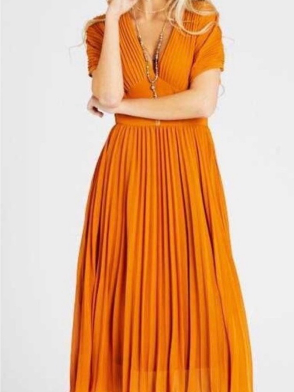 Altar'd State Livorna Spice Orange Pleated V-Neck Midi Dress XS
